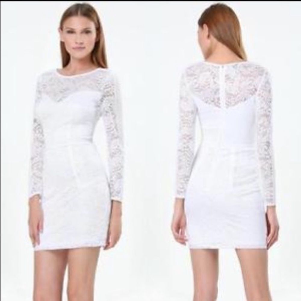 Bebe White Lace Long Sleeve Dress Feminine Contemporary Event Party Brand New